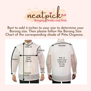 May include: Diagram of a white Barong shirt with measurement labels for collar, armhole, sleeve, chest, waist, hips, cuff, and garment length. The text reads "Best to add 4 inches to your size to determine your Barong size."