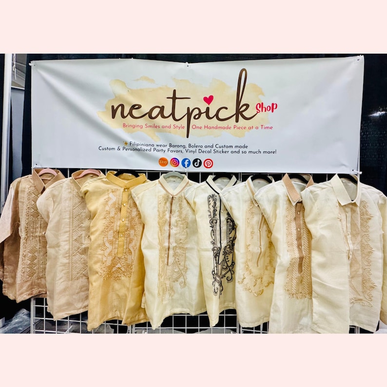 May include: A white banner with the text neatpick Shop, Bringing Smiles and Style One Handmade Piece at a Time, and Filipiniana wear Barong, Bolero and Custom made Custom & Personalized Party Favors, Vinyl Decal Sticker and so much more! Seven shirts with embroidery are displayed below.