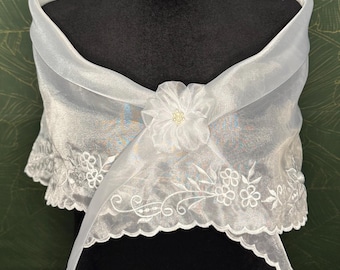 White Filipiniana Embroidered Alampay Scarf  with Handmade brooch