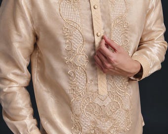 Beige Piña Organza Barong Tagalog: Filipino Embroidered Formal Shirt for Special Occasion #32-33