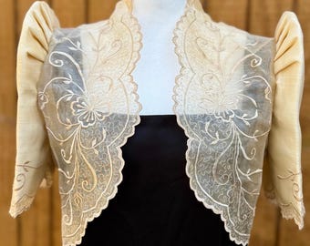 Neatpick Beige Organza Short Bolero: Elegant Filipiniana Mestiza Sleeves High Collar! zmb