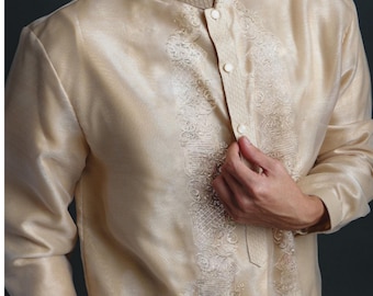 Beige Piña Organza Barong Tagalog: Filipino Embroidered Formal Shirt for Special Occasion