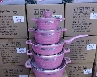 Kochgeschirr Set Lager Töpfe und Pfannen Antihaft Druckguss 5 Teilig - PINK