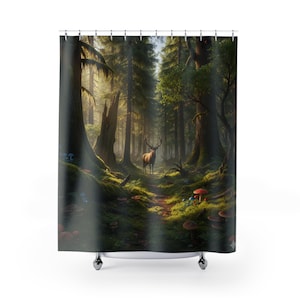 Enchanted Forest Deer Shower Curtain | Woodland Mossy Trees, Sunlit Clearing