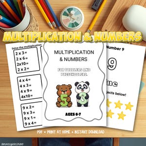 Pode incluir: Caderno de exercícios educacionais intitulado "Multiplication & Numbers" para crianças pequenas e pré-escolares. A capa apresenta um urso e um panda segurando números. Inclui problemas de multiplicação e exercícios de reconhecimento de números. Idades 6-7.