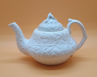 Vintage MMA Mistletoe & Acorn White Bisque Teapot - Art Reproduction