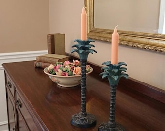 Vintage Hollywood Regency Verdigris Palm Tree Candlesticks - Set of 2