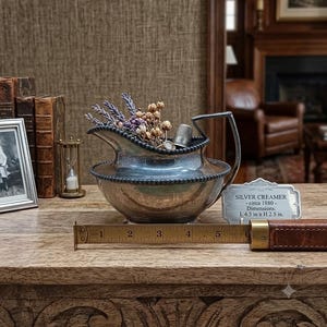 May include: A silver creamer with a beaded rim and a curved handle, containing dried lavender and a metal thimble. A metal plaque reads SILVER CREAMER - circa 1880 - Dimensions: L 4.5 in x H 2.5 in. A ruler shows the length is 4.5 inches.