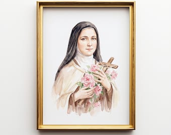 Pintura de Santa Teresa de Lisieux, arte mural de santa católica, acuarela, impresión digital