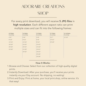 Puede incluir: Gu&iacute;a de tama&ntilde;os de impresi&oacute;n de arte digital color crema con el texto "ADORARE CREATIONS SHOP". Incluye relaciones de aspecto y tama&ntilde;os de impresi&oacute;n como 10x13, 20x25, 30x38 y 41x51 cm. Tambi&eacute;n se incluyen instrucciones sobre c&oacute;mo descargar e imprimir.