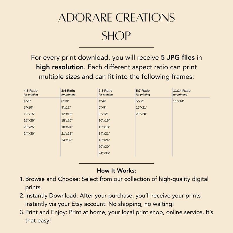 Puede incluir: Gu&iacute;a de tama&ntilde;os de impresi&oacute;n de arte digital color crema con el texto "ADORARE CREATIONS SHOP". Incluye relaciones de aspecto y tama&ntilde;os de impresi&oacute;n como 10x13, 20x25, 30x38 y 41x51 cm. Tambi&eacute;n se incluyen instrucciones sobre c&oacute;mo descargar e imprimir.