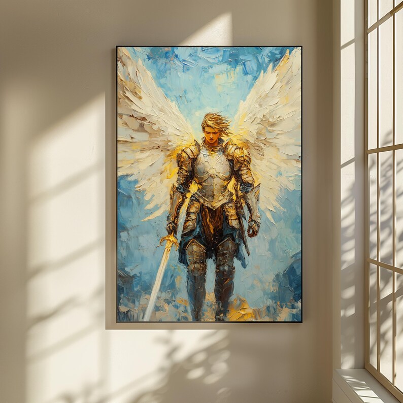 Arte de San Miguel Arcángel, pintura al óleo de ángel, decoración cristiana para el hogar, arte mural católico, impresión digital, obra de arte religiosa imagen 7