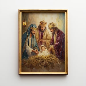 Może przedstawiać: Oprawiony obraz przedstawiający scenę Narodzenia Pańskiego. Trzy postacie w szatach i koronach otaczają dziecko w żłobie. Obraz utrzymany jest w ciepłych tonacjach, ze złotymi akcentami i złotą ramą.