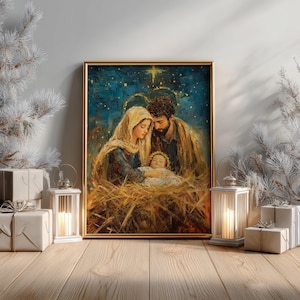Bożonarodzeniowa szopka ścienna, obraz olejny Świętej Rodziny, chrześcijański wydruk cyfrowy, katolicki wystrój domu, grafika z Dzieciątkiem Jezus, prezent świąteczny z wiarą