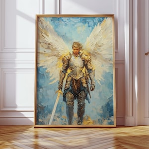 Arte de San Miguel Arcángel, pintura al óleo de ángel, decoración cristiana para el hogar, arte mural católico, impresión digital, obra de arte religiosa imagen 2