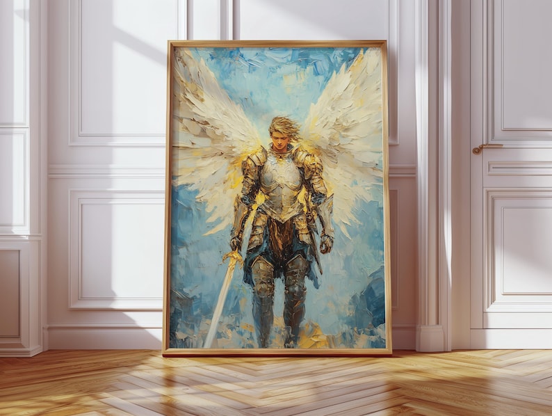 Arte de San Miguel Arcángel, pintura al óleo de ángel, decoración cristiana para el hogar, arte mural católico, impresión digital, obra de arte religiosa imagen 2