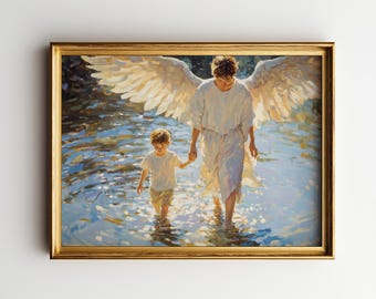 Cuadro de pared con el Ángel de la Guarda y el Niño, pintura al óleo católica, decoración cristiana para el hogar, impresión digital religiosa, regalo de arte religioso