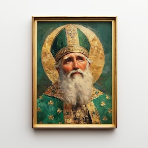 Pode incluir: Retrato emoldurado de um homem com uma longa barba branca, vestindo uma túnica e chapéu verdes e dourados. A pintura tem uma auréola dourada e está sobre um fundo verde escuro. A moldura é dourada.