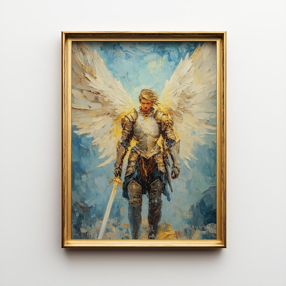 St. Michael the Archangel Art, Angel Oil Painting, Christian Home Decor, Catholic Wall Art, Digital Print, Religious Faith Artwork