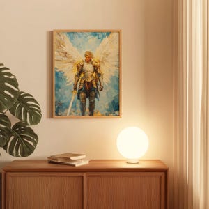 Arte de San Miguel Arcángel, pintura al óleo de ángel, decoración cristiana para el hogar, arte mural católico, impresión digital, obra de arte religiosa imagen 5