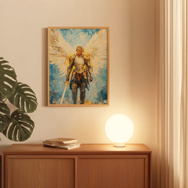Arte de San Miguel Arcángel, pintura al óleo de ángel, decoración cristiana para el hogar, arte mural católico, impresión digital, obra de arte religiosa imagen 5