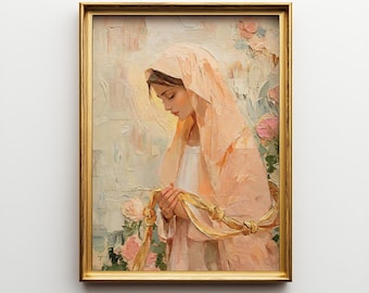 May include: An oil painting in a gold frame depicts a woman in a peach-colored head covering and dress, holding a gold ribbon. Soft pink roses and a light background complete the artwork.