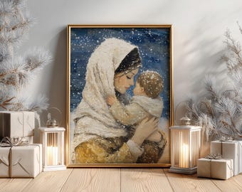 Mutter Maria und Baby Jesus Wandkunst, Winter Ölgemälde, katholischen Digitaldruck, Christian Wohnkultur, marianischen Kunstwerk, Glaube Urlaub Geschenk
