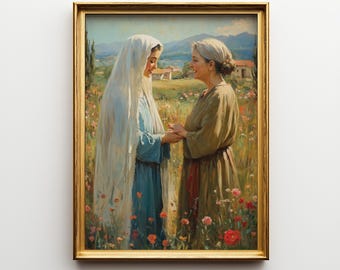 Arte de la Visitación, pintura de la Santísima Virgen María y Santa Isabel, arte mural católico, impresión digital, decoración cristiana del hogar, obra de arte religiosa