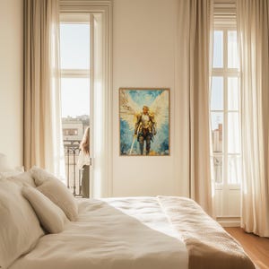 Arte de San Miguel Arcángel, pintura al óleo de ángel, decoración cristiana para el hogar, arte mural católico, impresión digital, obra de arte religiosa imagen 4