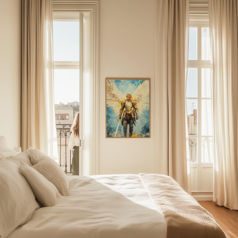 Arte de San Miguel Arcángel, pintura al óleo de ángel, decoración cristiana para el hogar, arte mural católico, impresión digital, obra de arte religiosa imagen 4