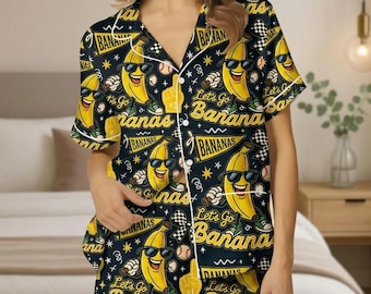 Bananas Team Women Pajamas, Let's Go Bananas Satin Pajamas Set, Funny Bananas Shorts Pajamas, Gift For Savannah Fan