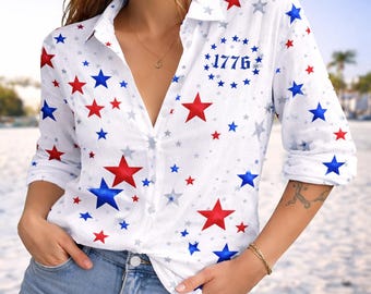 USA Flag Semiquincentennial Blouse Shirt, USA Flag Anniversary Linen-Look Shirt, American Flag 1776 Women Shirt, 4th of July Casual Shirt