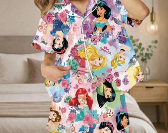 Disney Princess Satin Pajamas Set, Disney Ariel Jasmine Belle Women Pajamas, Magic Kingdom Gift, Gift For Her