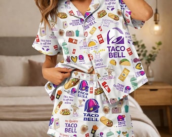 Taco Bell Short Satin Pajamas, Fast Food Sleepwear Set for Women, Fast Food Pajama Shorts, Taco Bell Fan Gifts