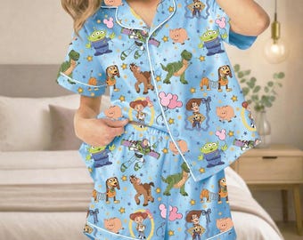 Toy Story Satin Pajamas Shorts Set, Pixar Characters Sleepwear, Toy Story Movie Lounge PJs, Cute Buzz and Woody Gift Set