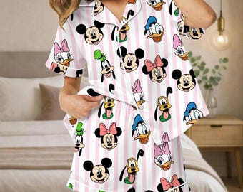 Mickey And Friends Satin Pajamas, Disney Mickey Mouse Pajamas Set, Mickey Minnie Donald Goofy Women Pajamas, Disneyland Trip Shirt