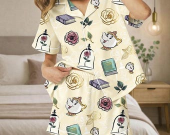 Beauty & The Beast Short Satin PJs Set, Disney Satin Pajamas, Rose Short Pajama Set, Women Pyjama, Gift for Movie Fan