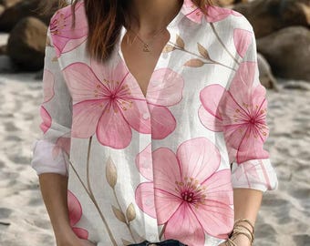 Elegant Pink Floral Blouse Shirt, Flowers Summer Beach Outfit, Light Vacation Women Shirt, Nature Lovers Shirt, Birthday Gift For Her