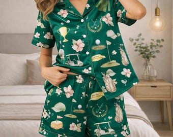 Masters Golf Short Satin Pajamas,  Golf Tournament Pajamas, Golf Gift for Women Spring Golf Outfit