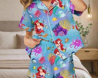 The Little Mermaid Satin Pajamas, Ariel Mermaid Pajamas Set, Disney Princess Women Pajamas, Magic Kingdom Gift, Gift For Her