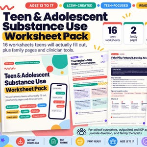 Könnte beinhalten: Ein Arbeitsblatt-Paket mit dem Titel Teen & Adolescent Substance Use Worksheet Pack, bestehend aus 16 Arbeitsblättern für Jugendliche, 2 Familienseiten und 2 Klinikformularen. Die Materialien behandeln Themen wie Gehirnforschung und Bewältigung.