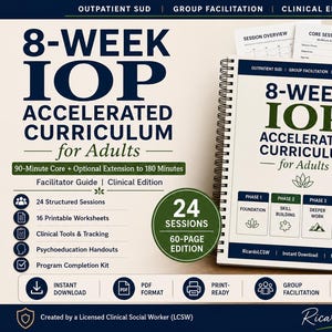 May include: A spiral-bound 8-week IOP accelerated curriculum for adults facilitator guide. The cover features four phases: Foundation, Skill Building, Deeper Work, and Transition. Includes 24 sessions, 16 printable worksheets, and clinical tools.