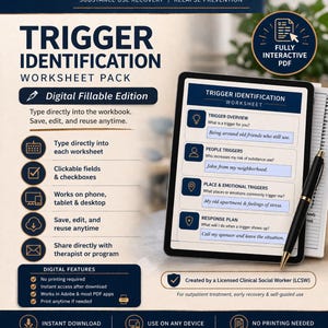 May include: A digital fillable worksheet pack for trigger identification. The image shows a tablet displaying a worksheet with sections for trigger overview, people triggers, place & emotional triggers, and a response plan. The worksheet is designed for substance use recovery and relapse prevention.