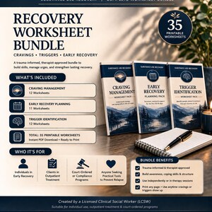 May include: A digital recovery worksheet bundle with 35 printable worksheets. The bundle includes craving management, early recovery planning, and trigger identification. Designed for individuals in early recovery and outpatient treatment.