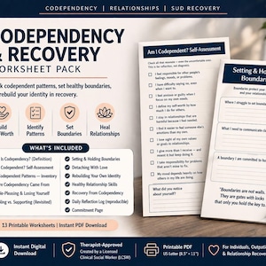 May include: A worksheet pack titled "Codependency & Recovery" with a dark blue and white design. The pack includes 13 printable worksheets, including self-assessment and boundary-setting guides. The pack is therapist-approved and available as an instant PDF download.