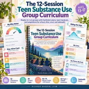 以下が含まれることがあります： The 12-Session Teen Substance Use Group Curriculumというタイトルのスパイラル綴じワークブック。湖と山を見下ろす岩の上に座る4人のティーンエイジャーの風景イラストが表紙に描かれ、4枚の印刷されたハンドアウトが添えられています。