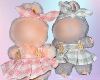 Conjunto de vestido a cuadros para muñeca de 17 cm: vestido con pinza de conejito y lazo a juego
