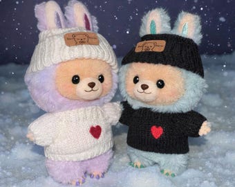 17cm Doll Winter Sweater Outfit – Bunny Beanie & Heart Knit