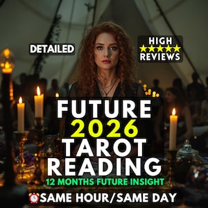 Pode incluir: Imagem promocional de uma leitura de tarot. O texto diz "FUTURE 2026 TAROT READING" com as frases "12 MONTHS FUTURE INSIGHT" e "SAME HOUR/SAME DAY". A imagem inclui uma mulher e velas acesas.