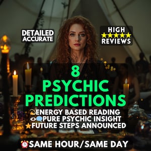 Op de afbeelding: Een afbeelding die paranormale readings promoot, toont een vrouw met rood haar. Tekst omvat "8 Psychische Voorspellingen", "Op Energie Gebaseerde Lezing" en "Zelfde Uur/Zelfde Dag". De afbeelding toont ook "Gedetailleerd Nauwkeurig" en "Hoge Reviews".